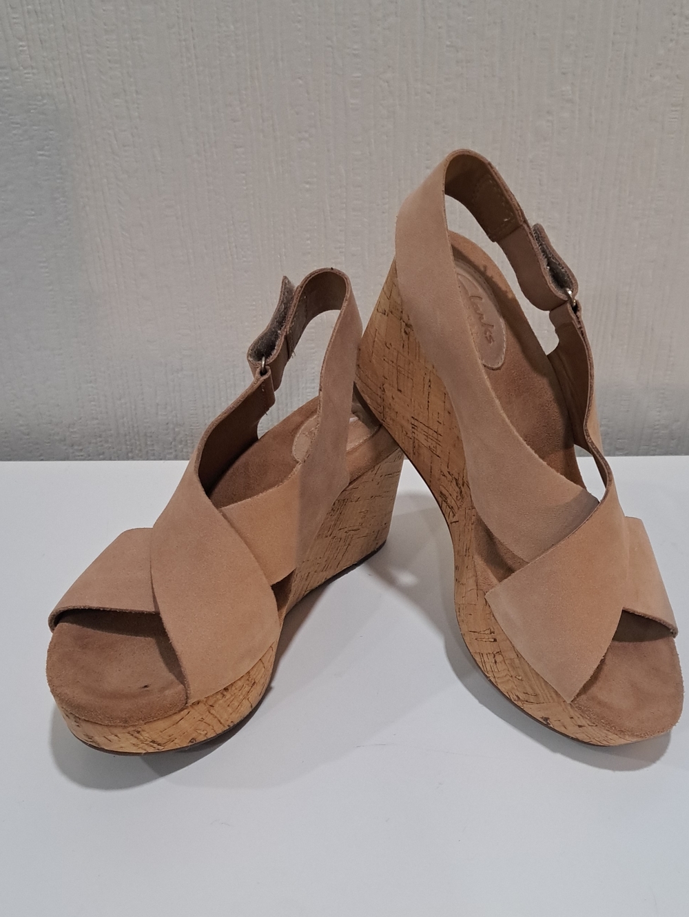 Clarks Ladies Tan Cork Wedge Sandals - Slingback Suede Comfort Heels